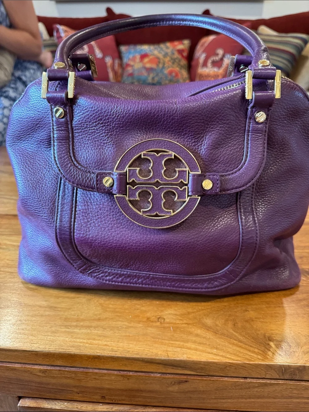 Tory Burch Purple Leather Logo Satchel with Gold Hardware